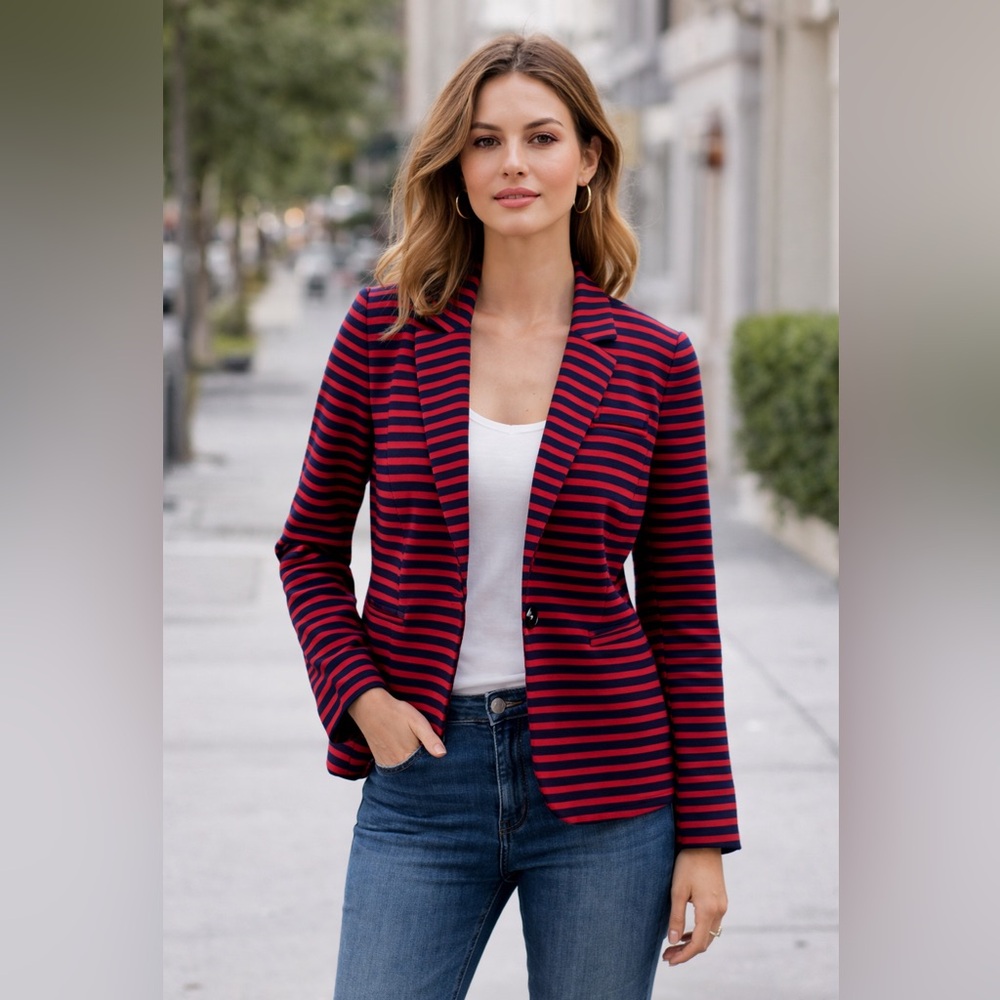 LOFT Red & Navy Striped‎ Knit Office Blazer Single Button Lined size 4